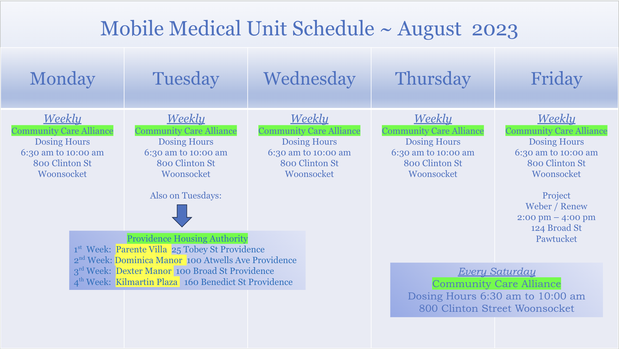 January Mobile Unit Schedule